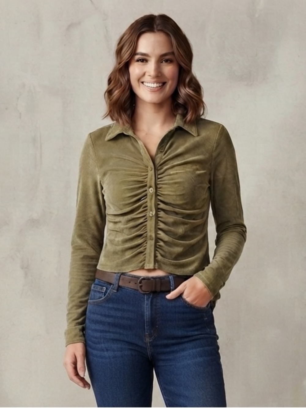 SO Green Long Sleeve Ruched Fitted Button Down Shirt Size XXL NWT